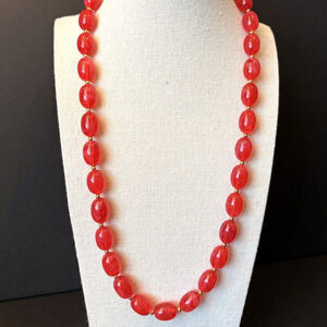 Vintage Joan Rivers Marbled Red Acrylic Lucite Beaded Necklace Gold Tone 24"